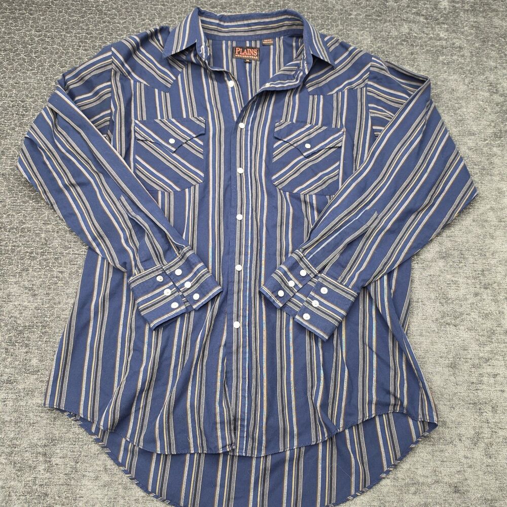 Plains Western Wear Mens Medium Pearl Snap Shirt Blue Stripe Cowboy Rodeo M